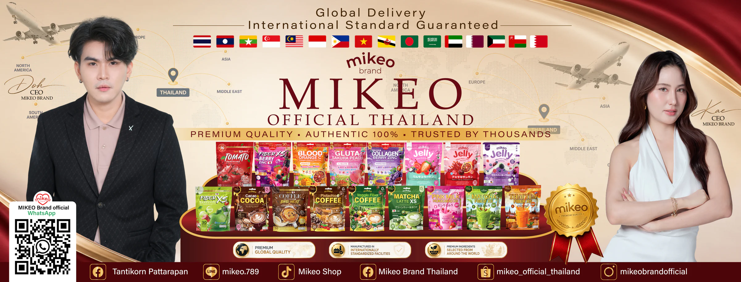 MIKEO brand banner with two presenters and a product range