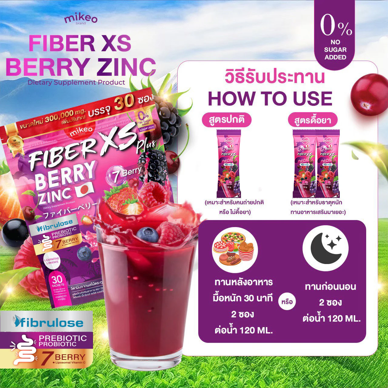 Brand-supplied how-to artwork for MIKEO Fiber XS Plus Berry Zinc