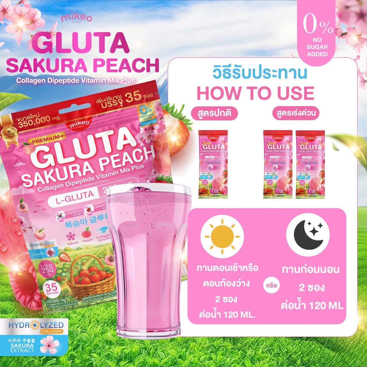 ภาพวิธีรับประทานจากสื่อแบรนด์ของไมเกว กลูต้า คอลลาเจน ซากุระ พีช