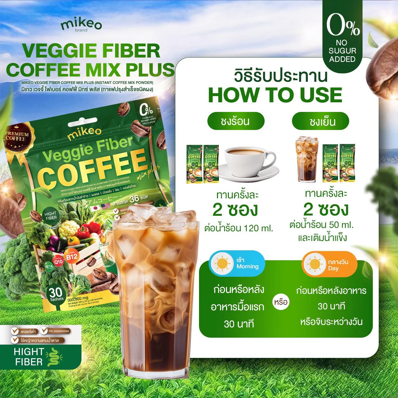 Brand-supplied how-to artwork for Mikeo Veggie Fiber Coffee Mix Plus