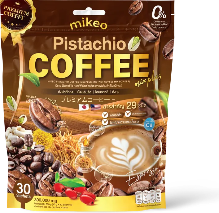 Mikeo Pistachio Coffee Mix Plus product packaging